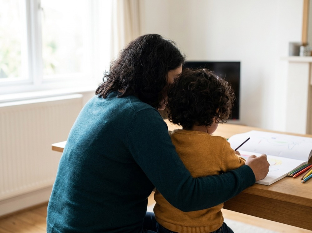 A parent and young child sharing a calm everyday moment at home, seen from behind.