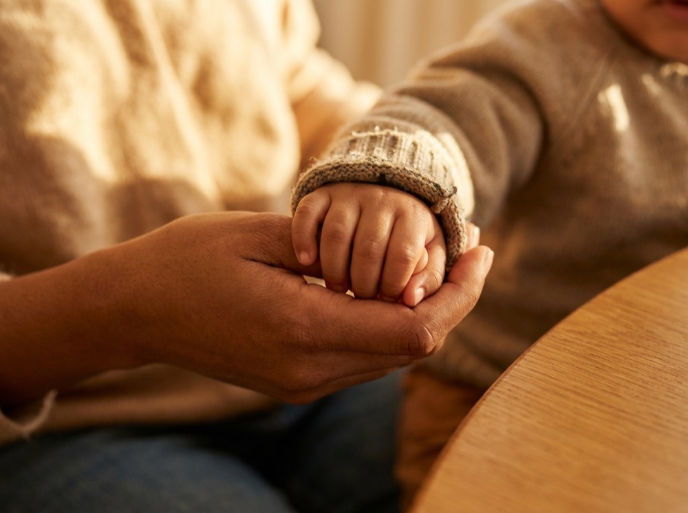 An adult's hand gently holding a young child's hand in warm light.